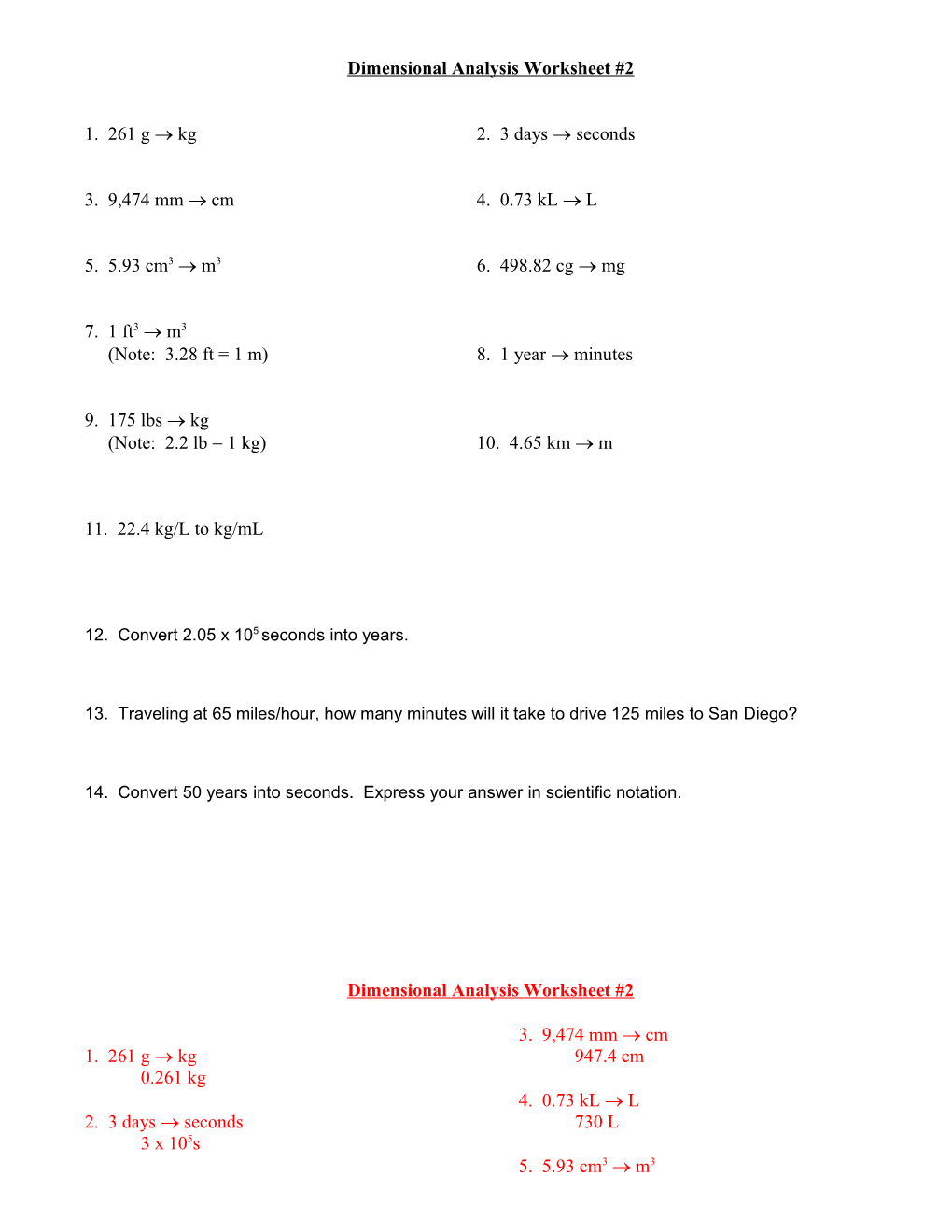 Dimensional Analysis Worksheet #2