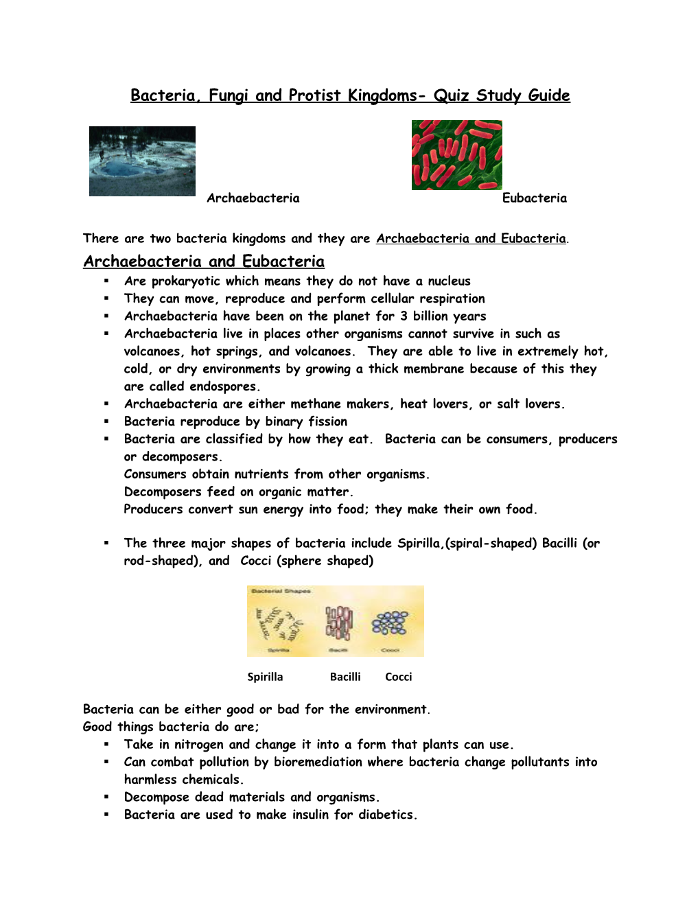 Bacteria, Fungi and Protist Kingdoms- Quiz Study Guide