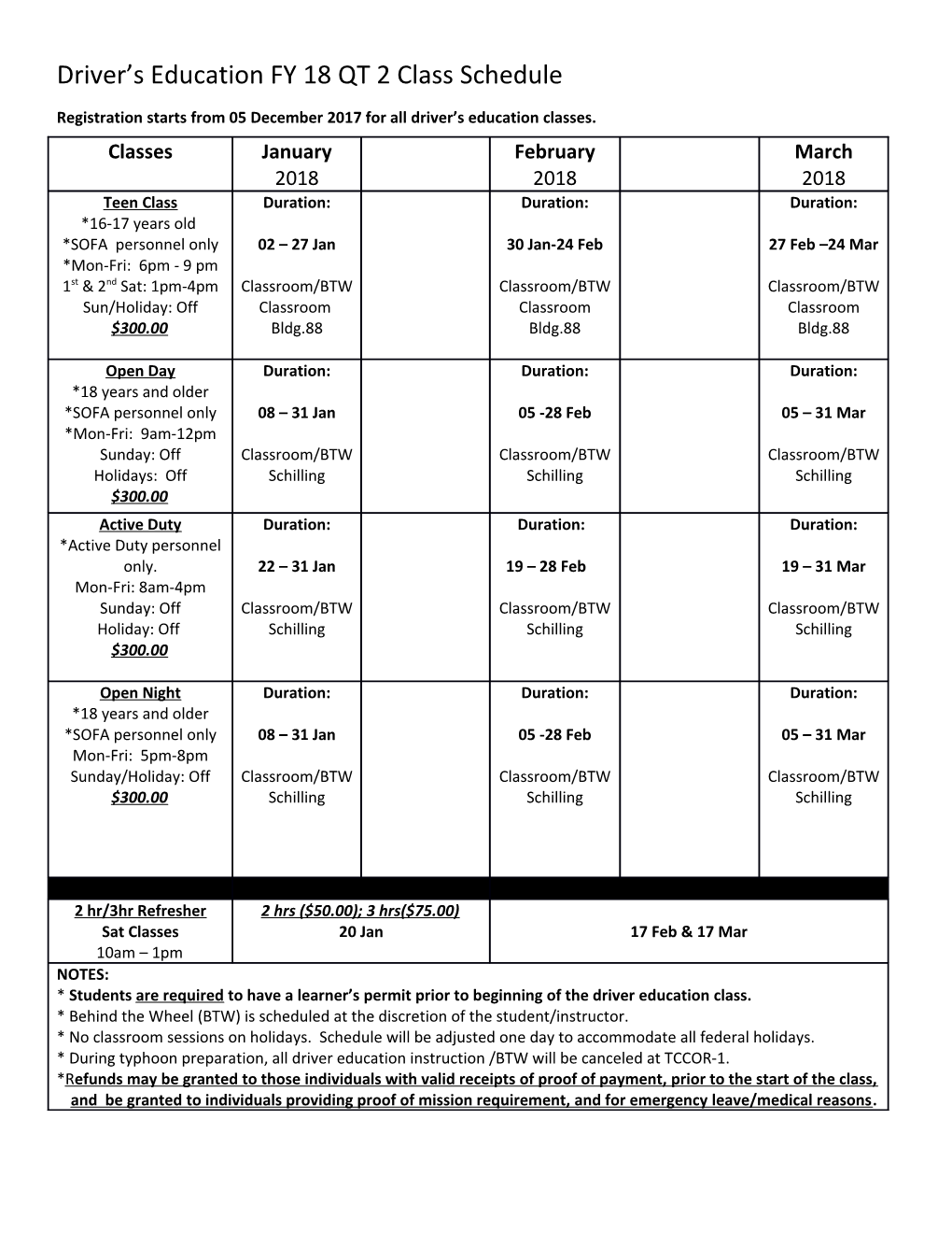 Driver S Education FY 18 QT 2 Class Schedule