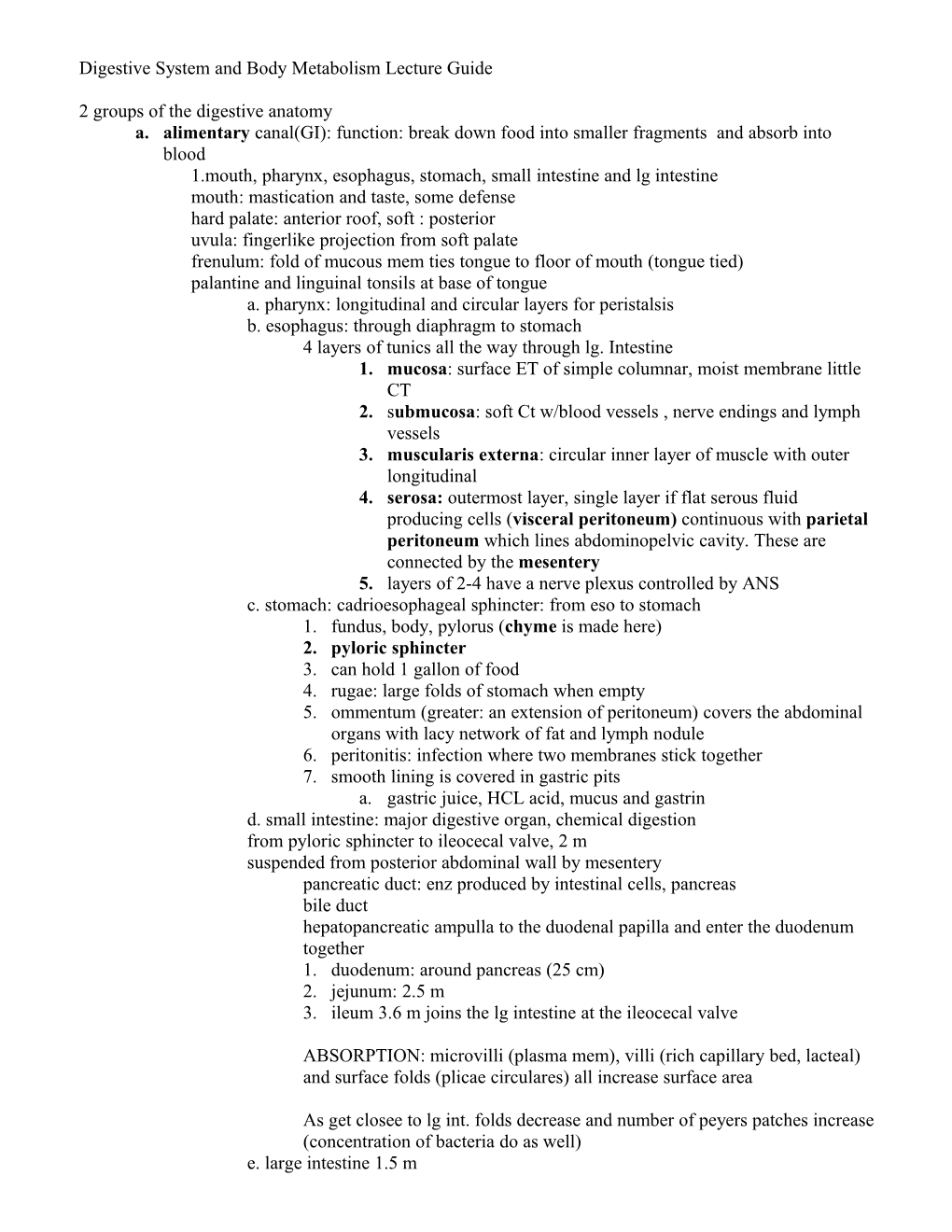 Digestive System and Body Metabolism Lecture Guide