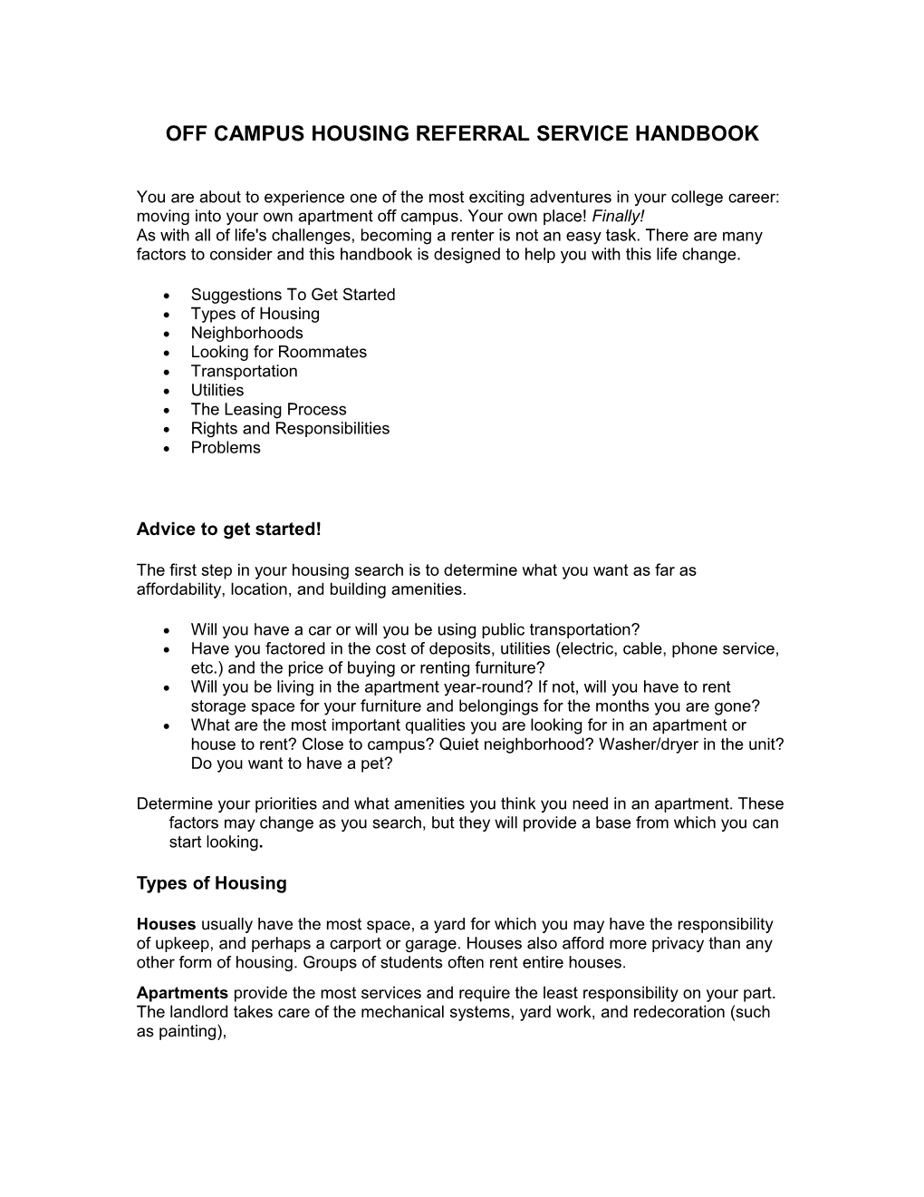 Off Campus Housing Referral Service Handbook