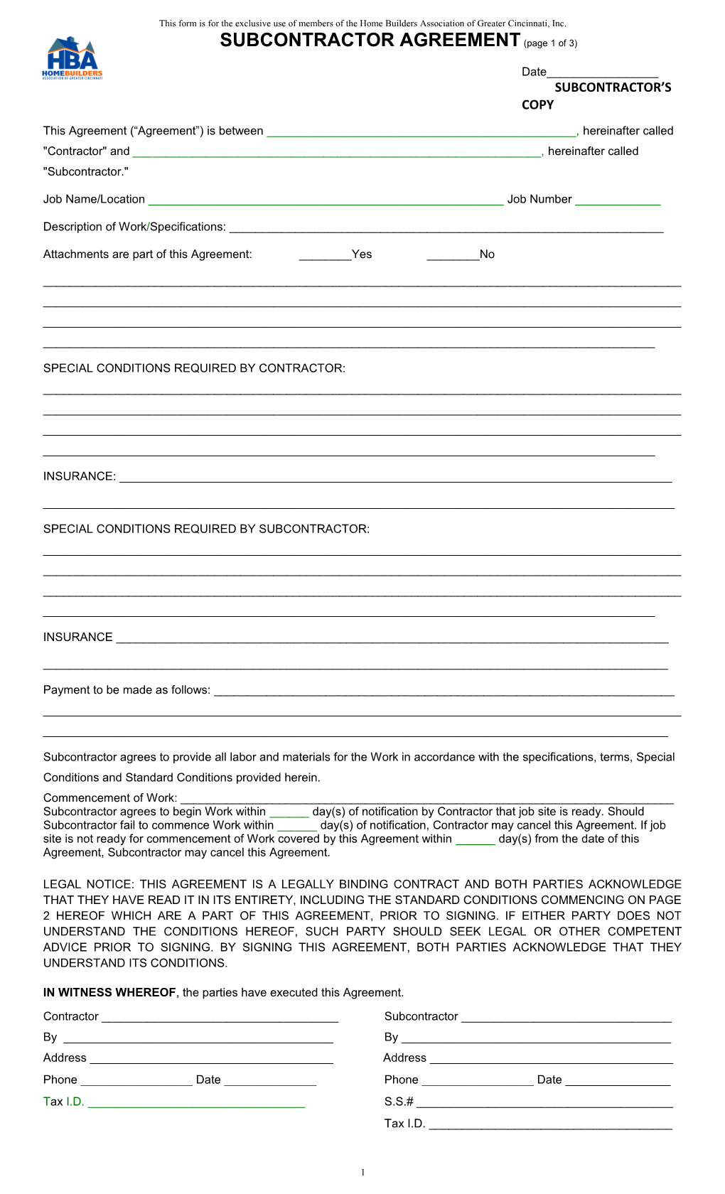 This Form Is for the Exclusive Use of Members of the Home Builders Association of Greater
