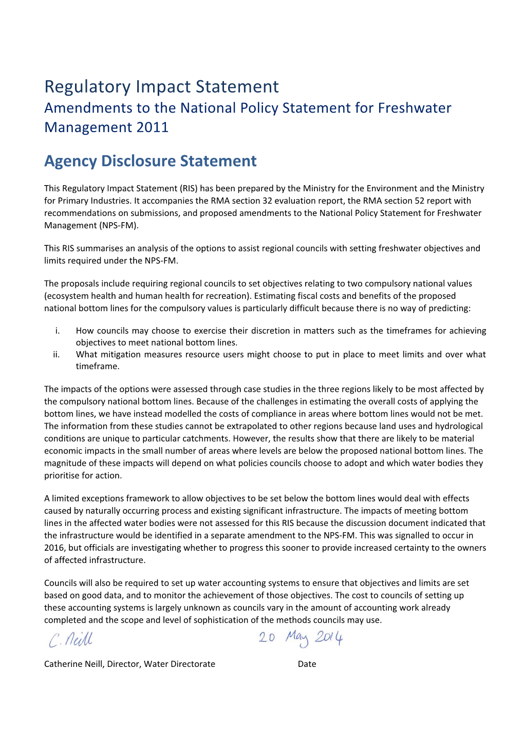 NPS-FM Amendments - Regulatory Impact Statement
