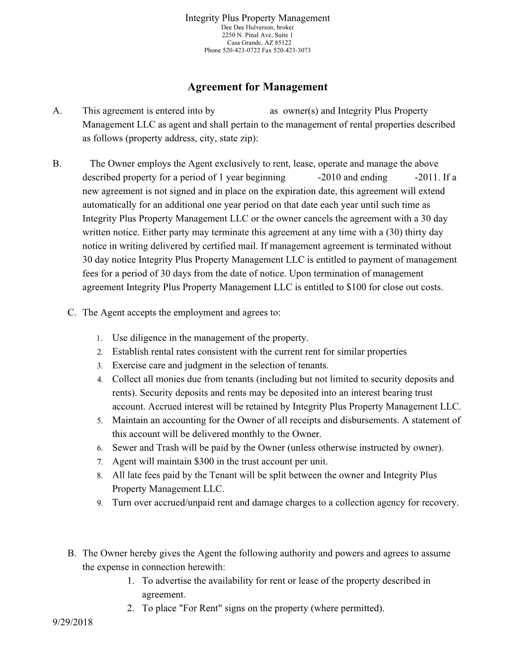 This Agreement Is Entered Into By______ As Owner(S) and Integrity Plus Property Management