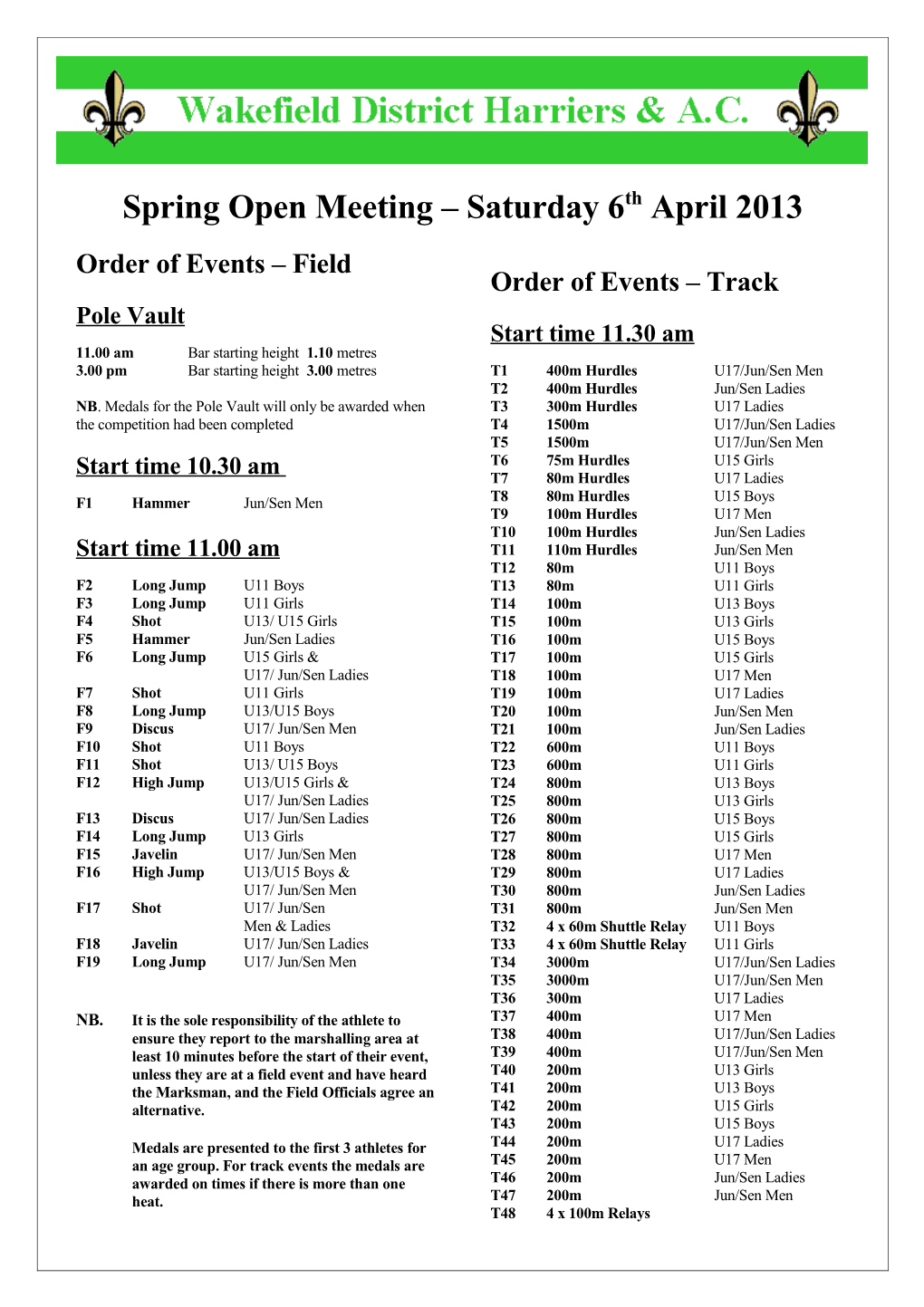 Spring Open Meeting Saturday 6Th April 2013
