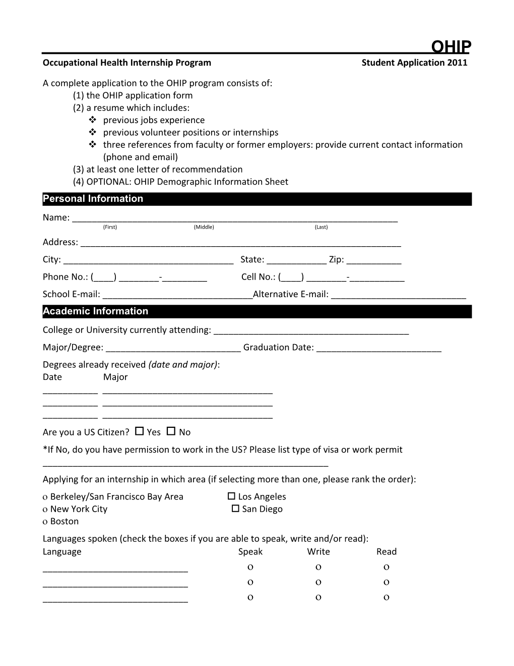 Student Application for Summer 2005
