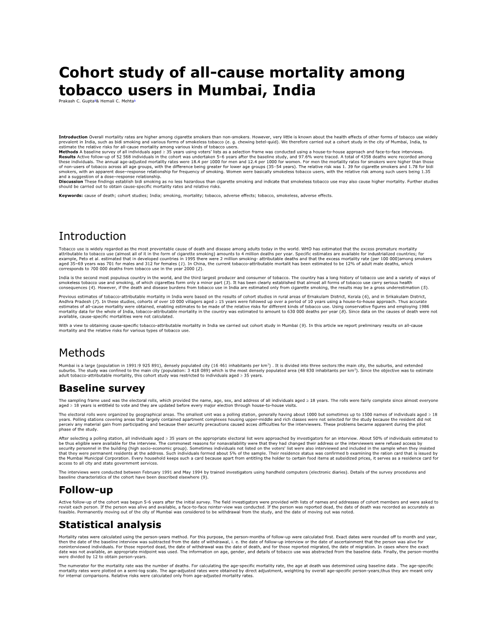 Cohort Study of All-Cause Mortality Among Tobacco Users in Mumbai, India Prakash C. Gupta1&