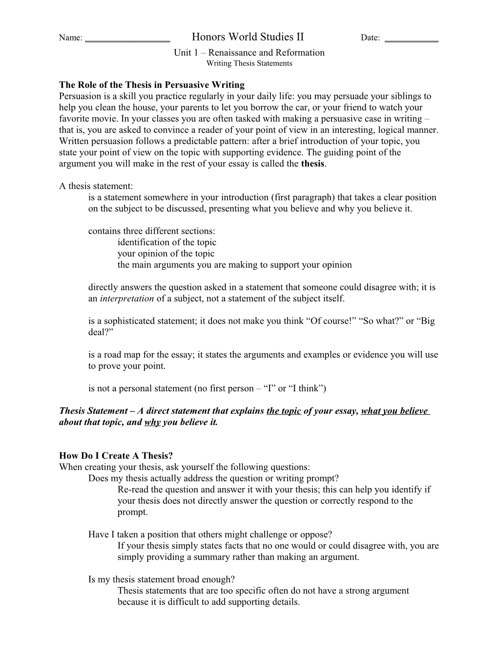 The Role of the Thesis in Persuasive Writing