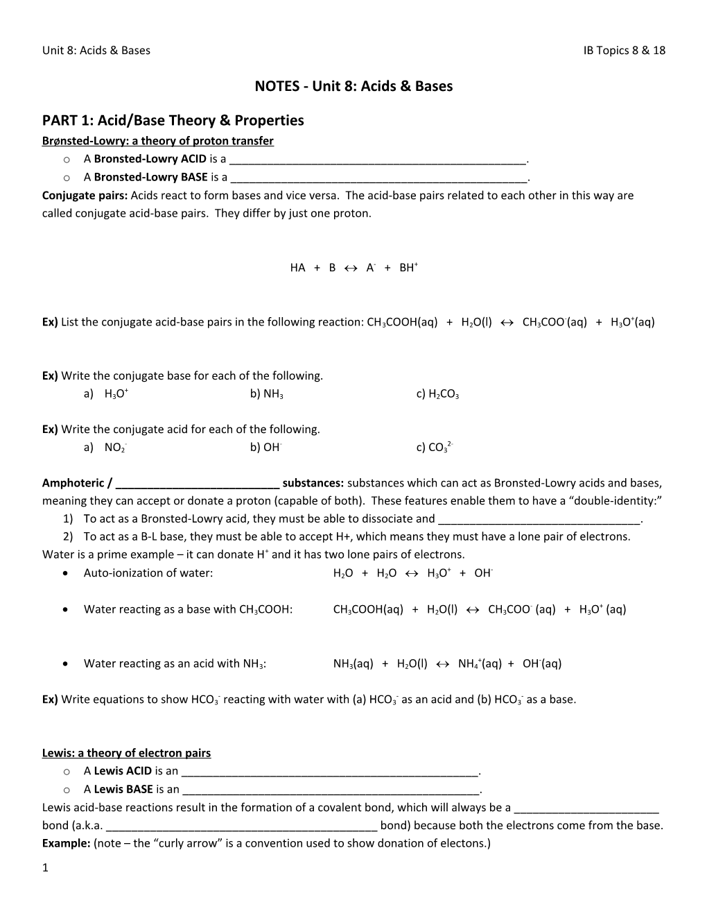 NOTES - Unit 8: Acids & Bases