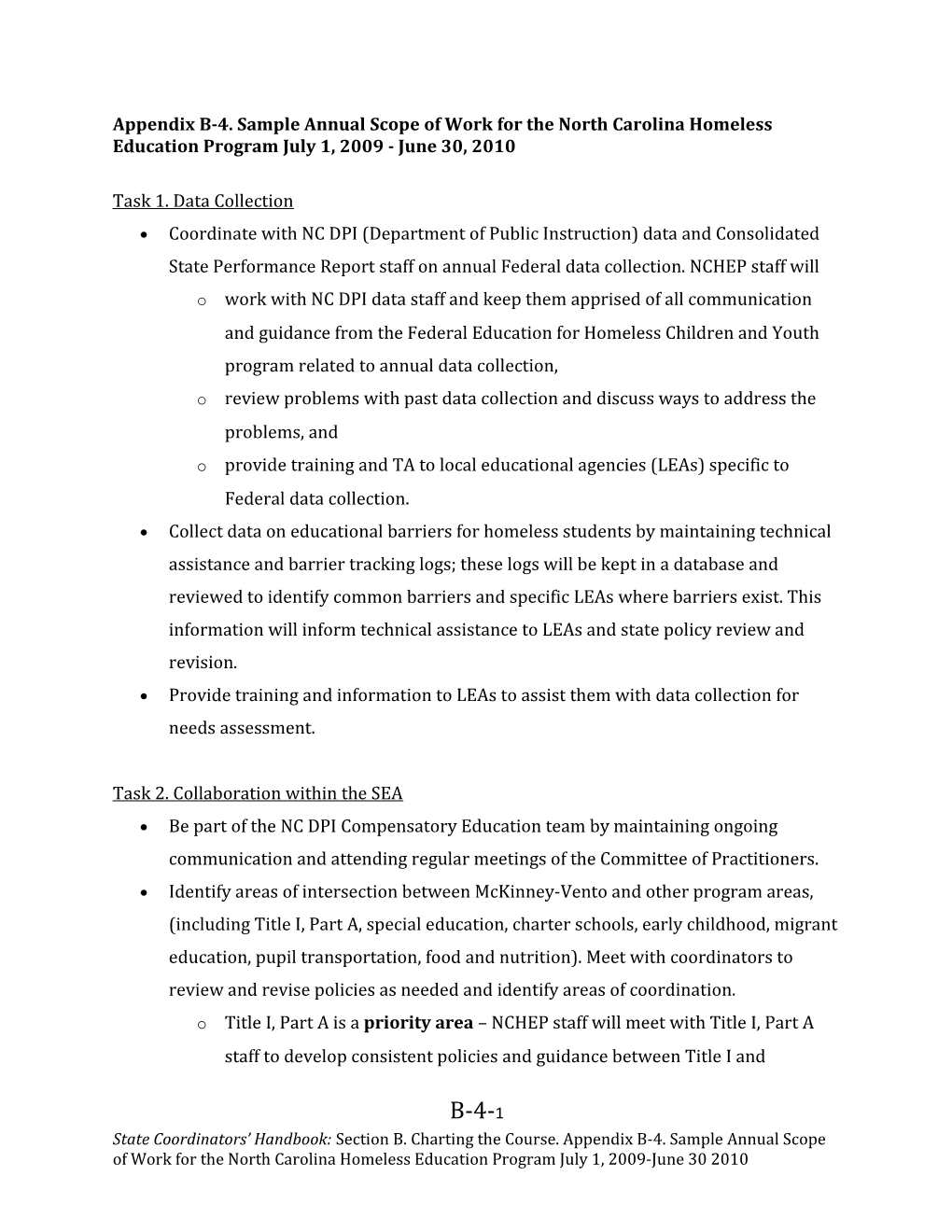 Appendix B-4. Sample Annual Scope of Work for the North Carolina Homeless Education Program