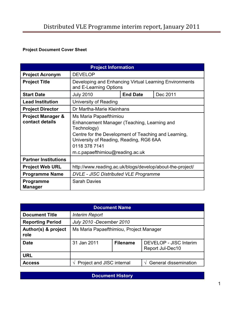 Distributed VLE Programme Interim Report, January 2011