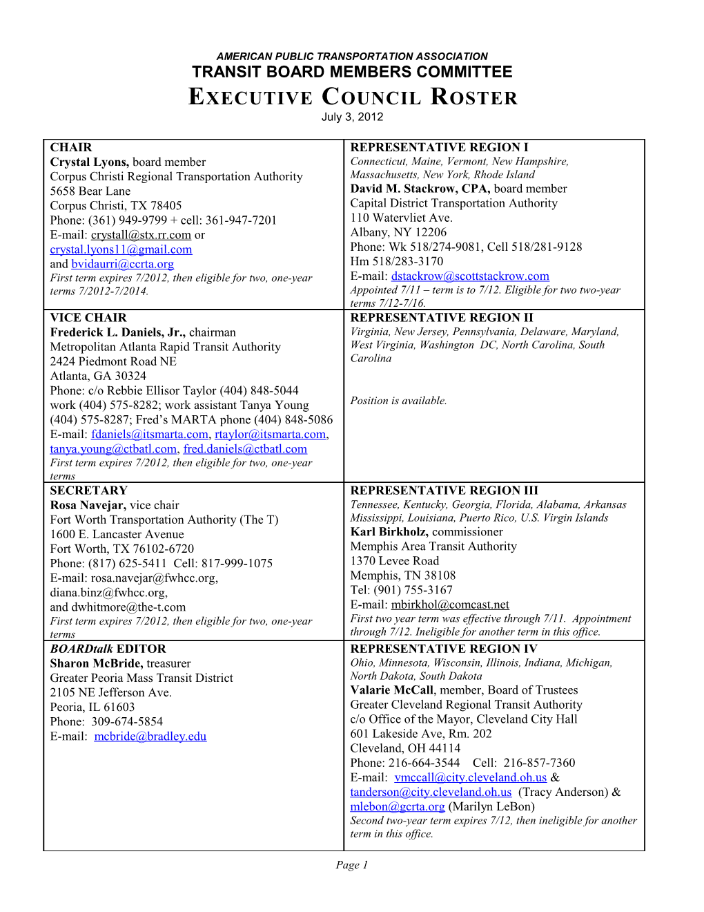 Transit Board Members Committee - Executive Council Roster - July 2012