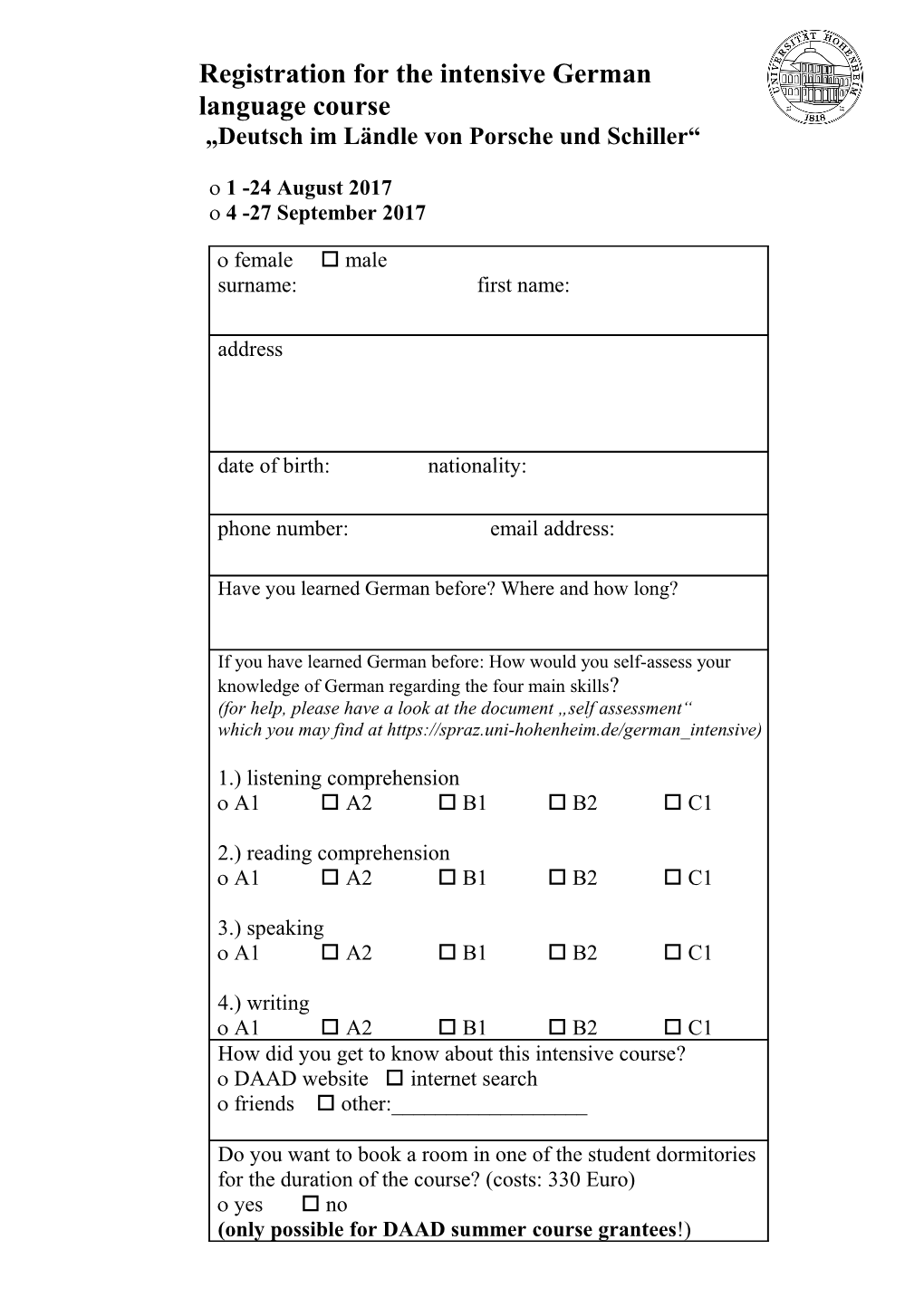 Anmeldung Zum Ferien-Intensivkurs