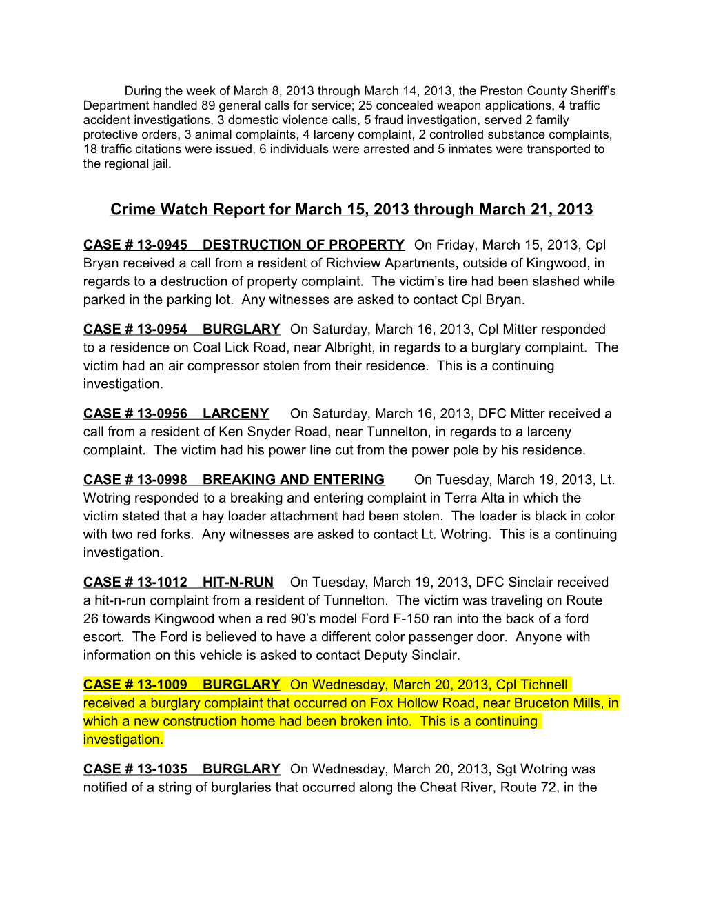 Crime Watch Report for March 15, 2013 Through March 21, 2013