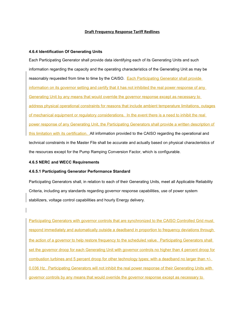 Revised Draft Tariff Language - Frequency Response