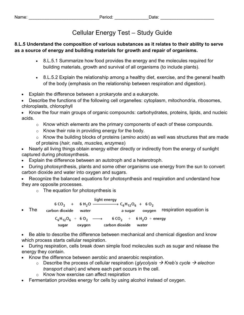 Cellular Energy Test Study Guide