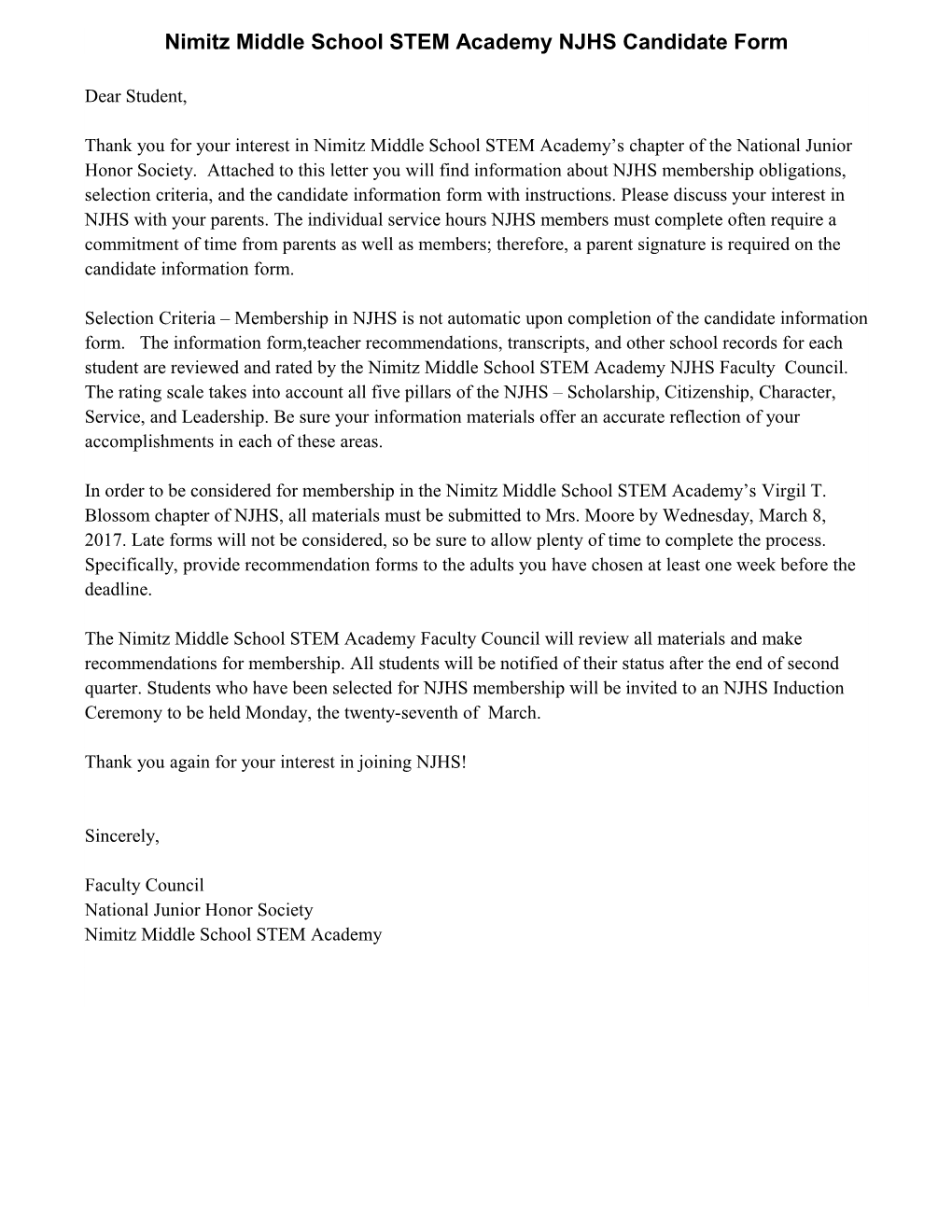Nimitz Middle School STEM Academy NJHS Candidate Form