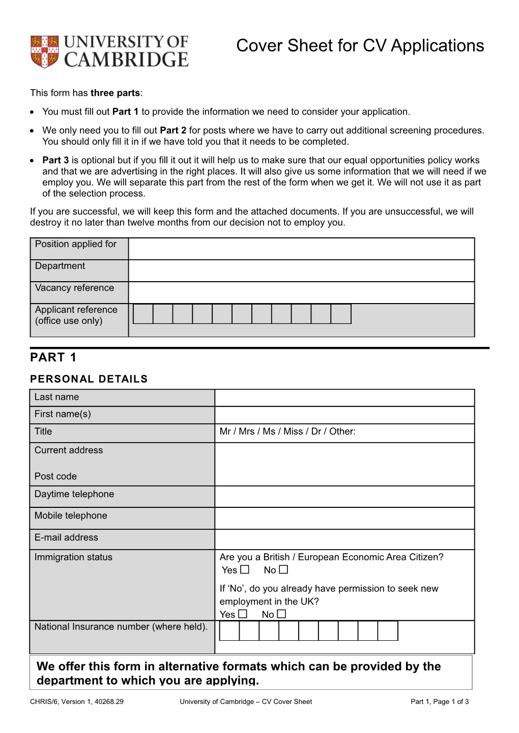Form CHRIS/5: Application for Employment