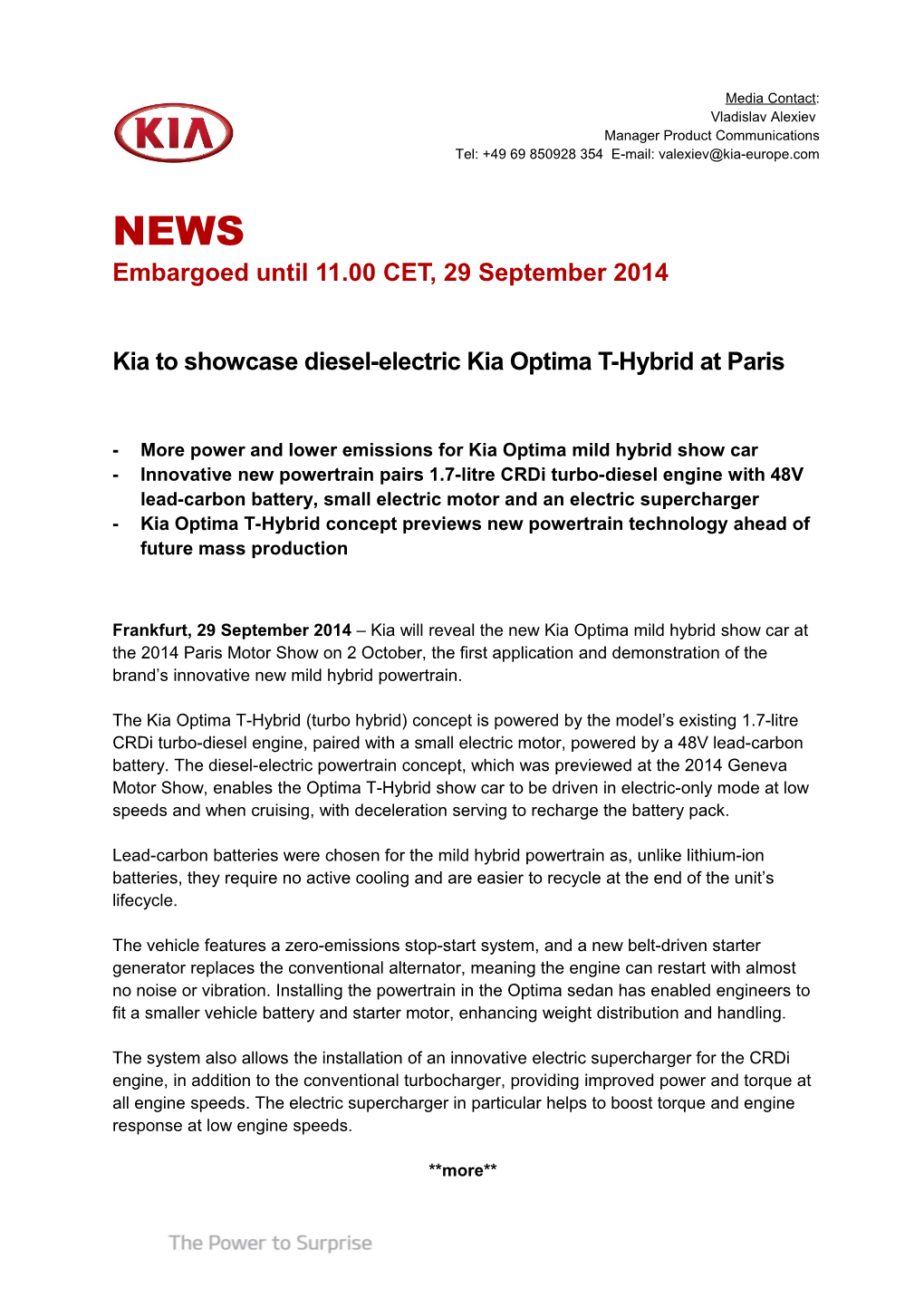 Kia to Showcase Diesel-Electric Kia Optima T-Hybrid at Paris