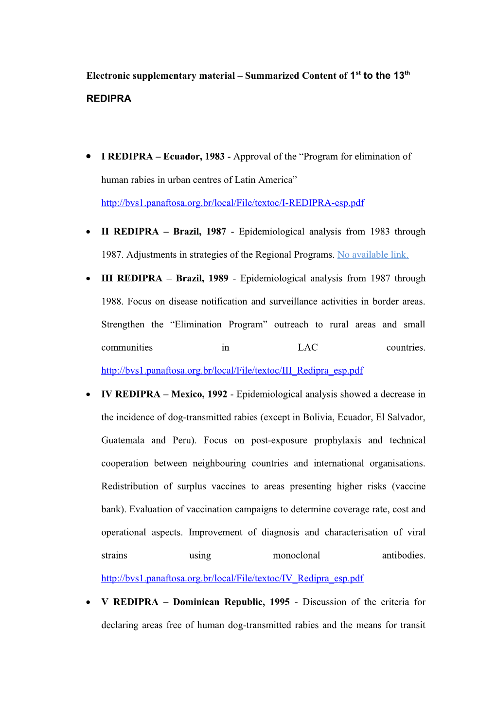Electronic Supplementary Material Summarized Content of 1St to the 13Th REDIPRA