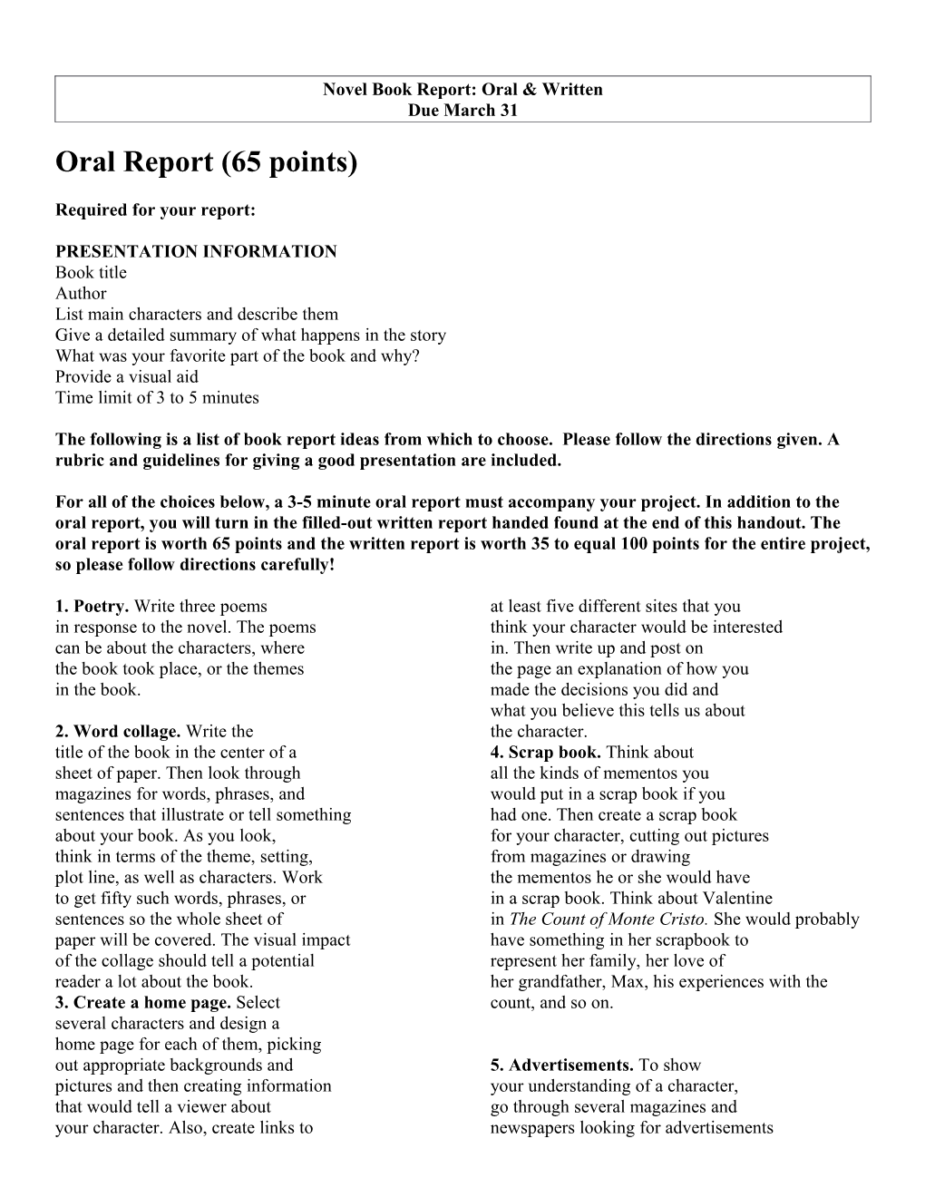 Novel Book Report: Oral & Written