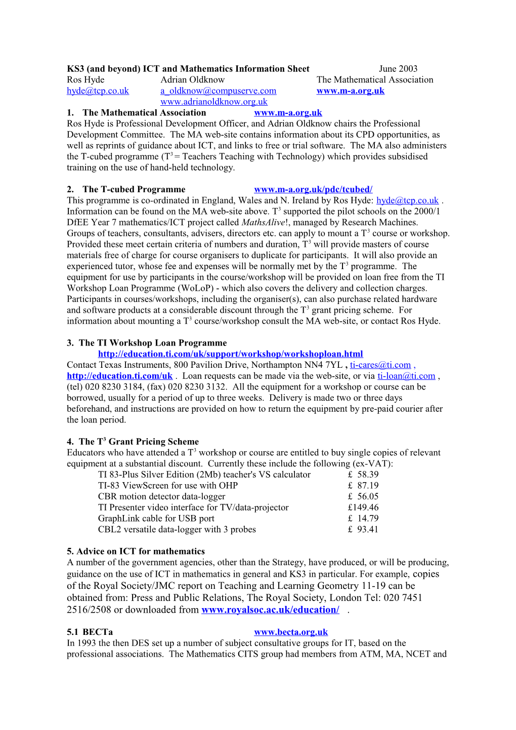 KS3 ICT and Mathematics Information Sheet