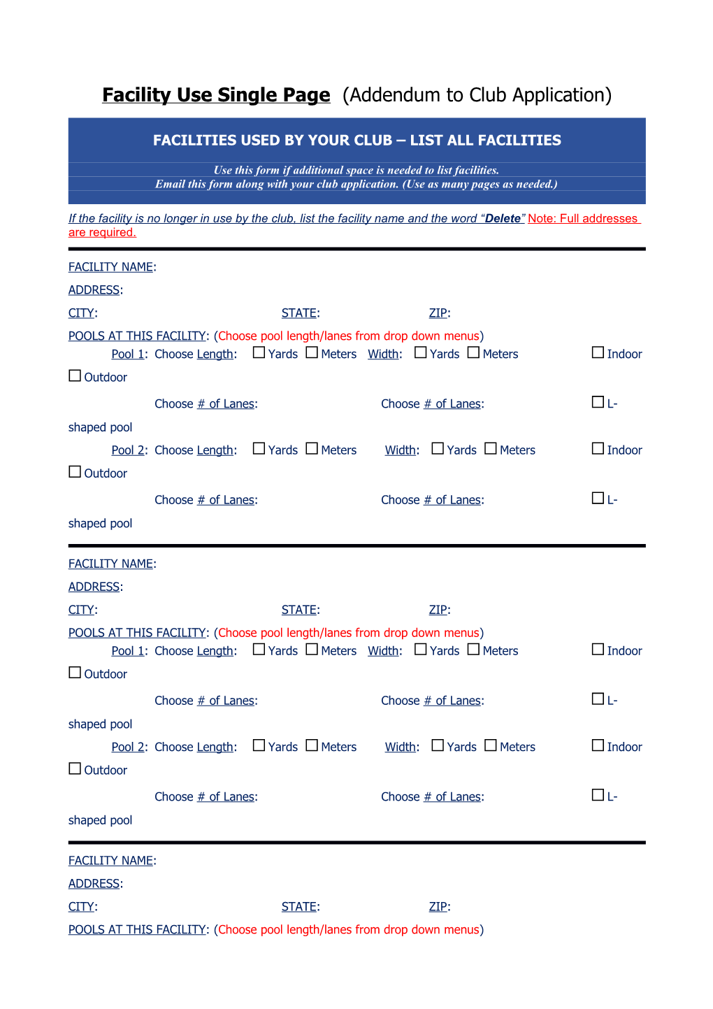 Facilities Used by Your Club List All Facilities