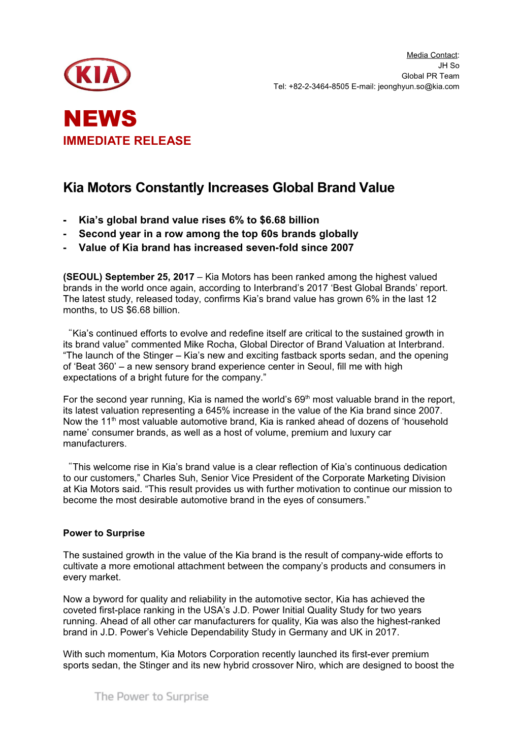 Kia Motors Constantly Increases Global Brand Value