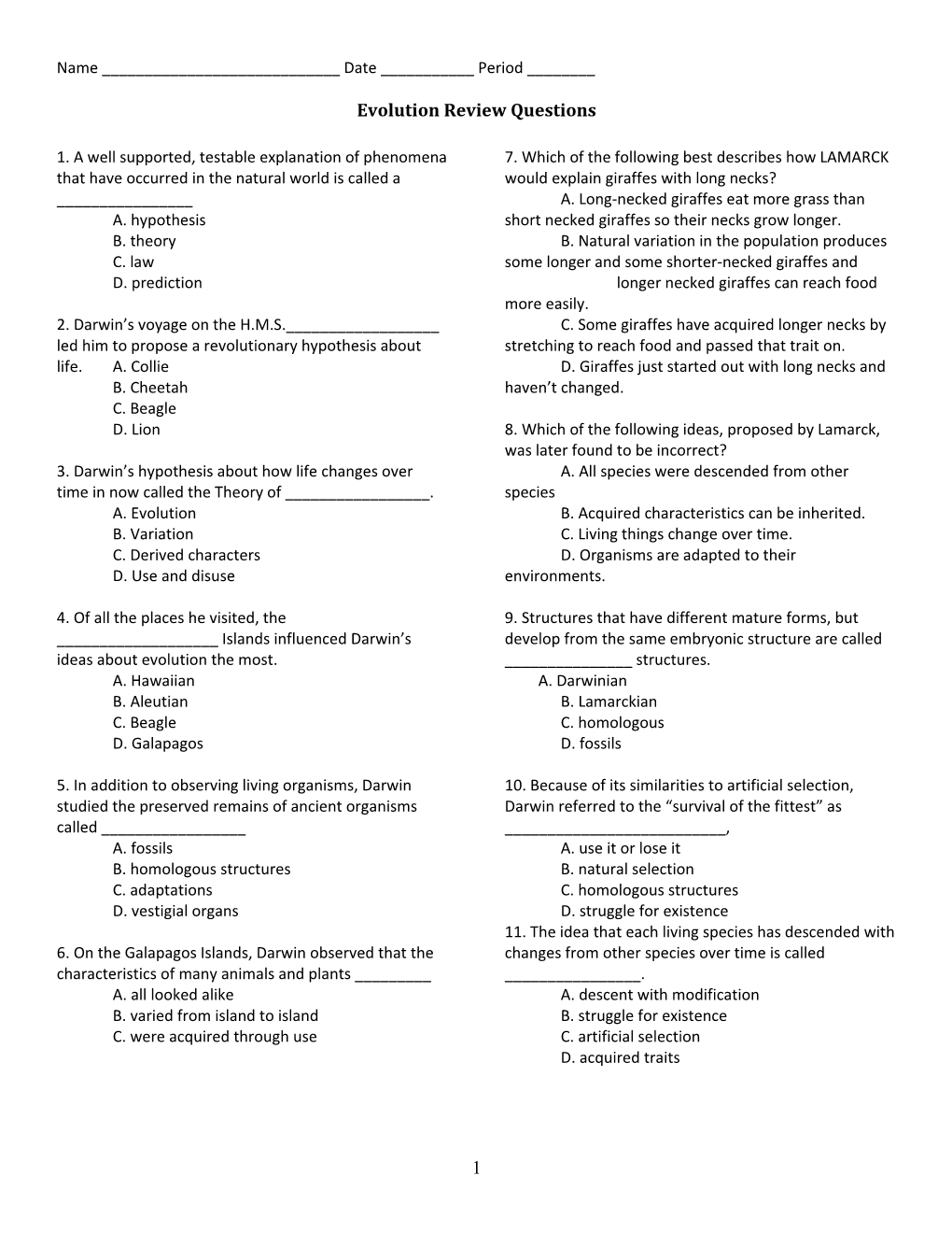 Evolution Review Questions