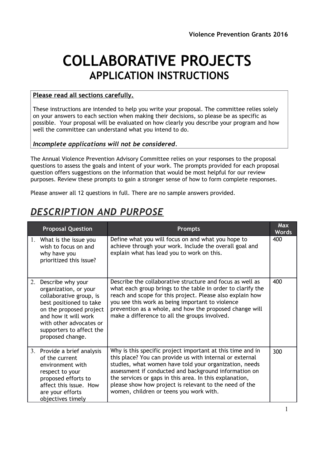 Collaborative Projects Application Instructions