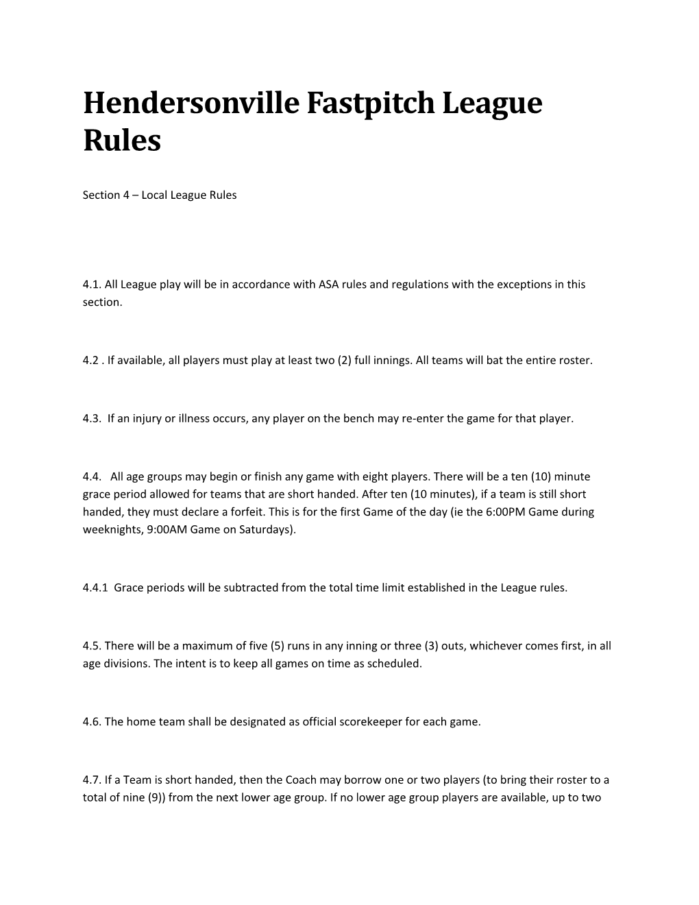 Hendersonville Fastpitch League Rules
