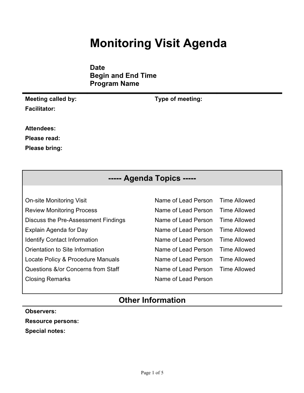 Monitoring Visit Agenda