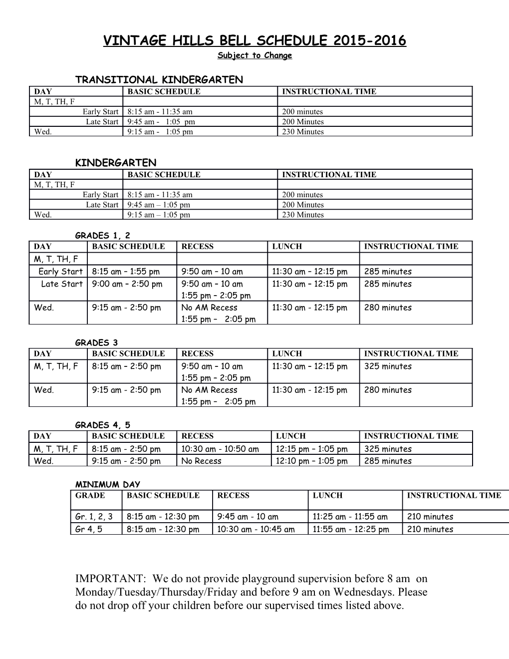 Vintage Hills Bell Schedule 2011-2012