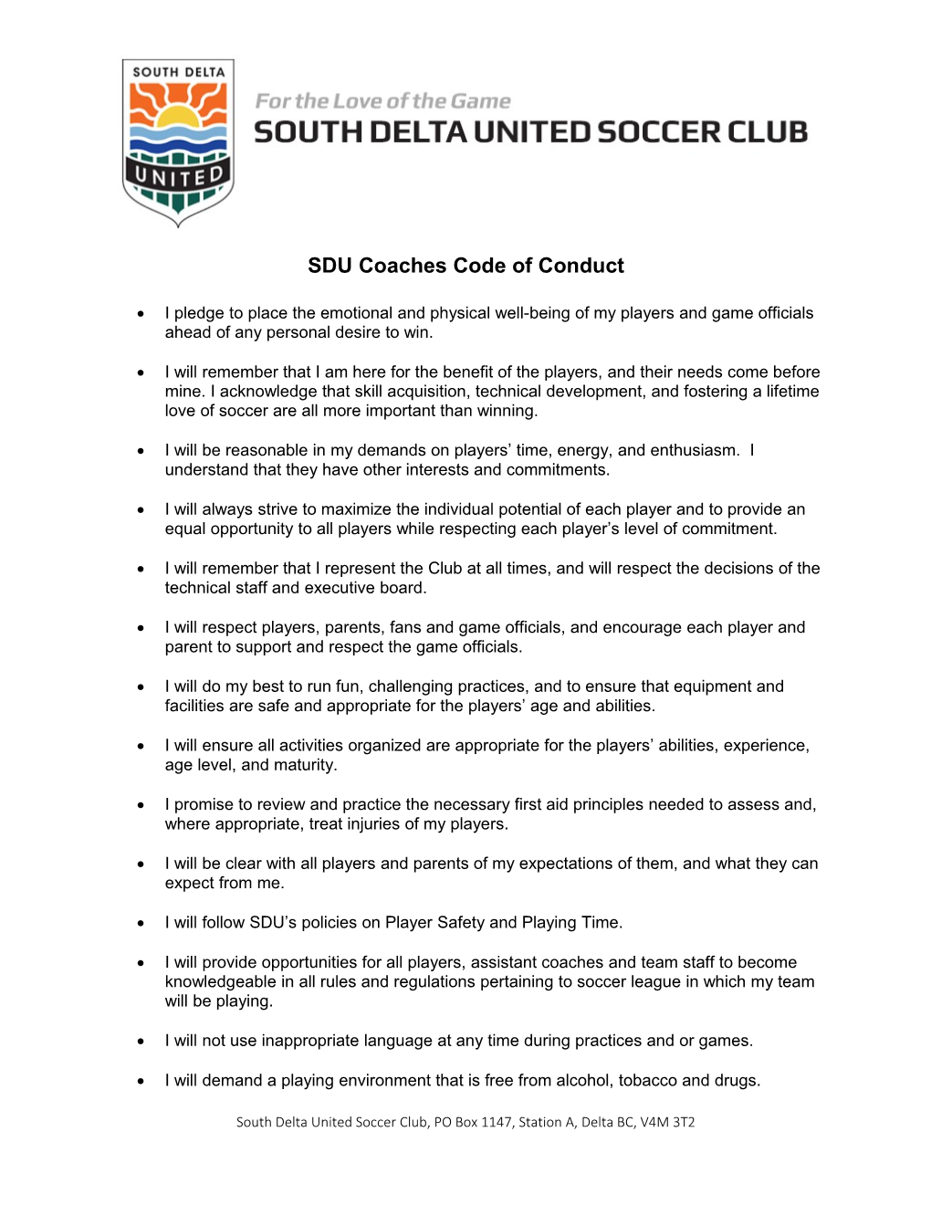 SDU Coaches Code of Conduct