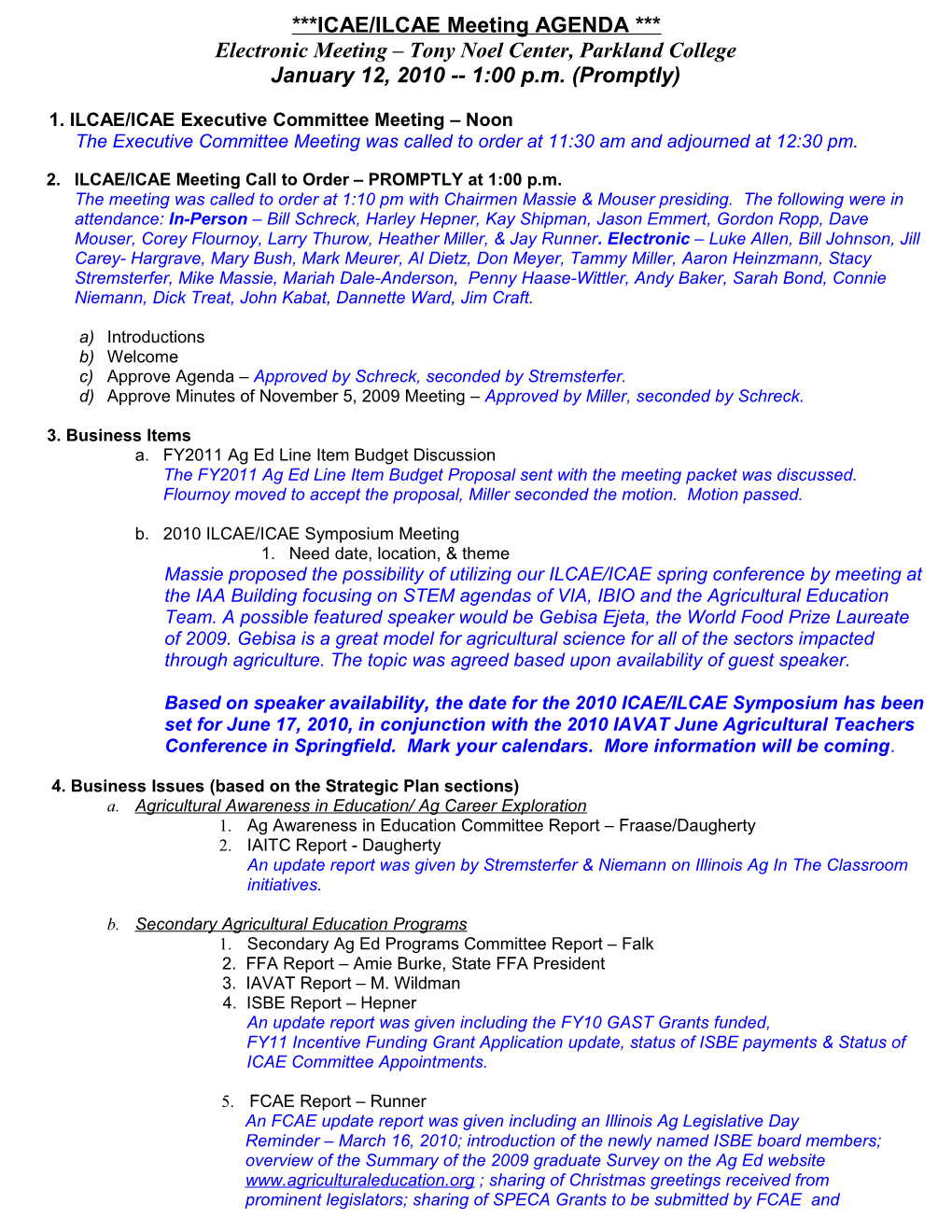 ICAE/ILCAE Meeting AGENDA