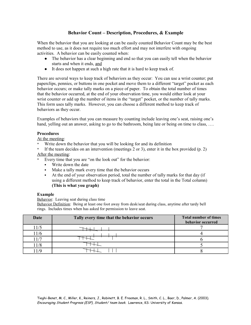 Behavior Count Description, Procedures, & Example