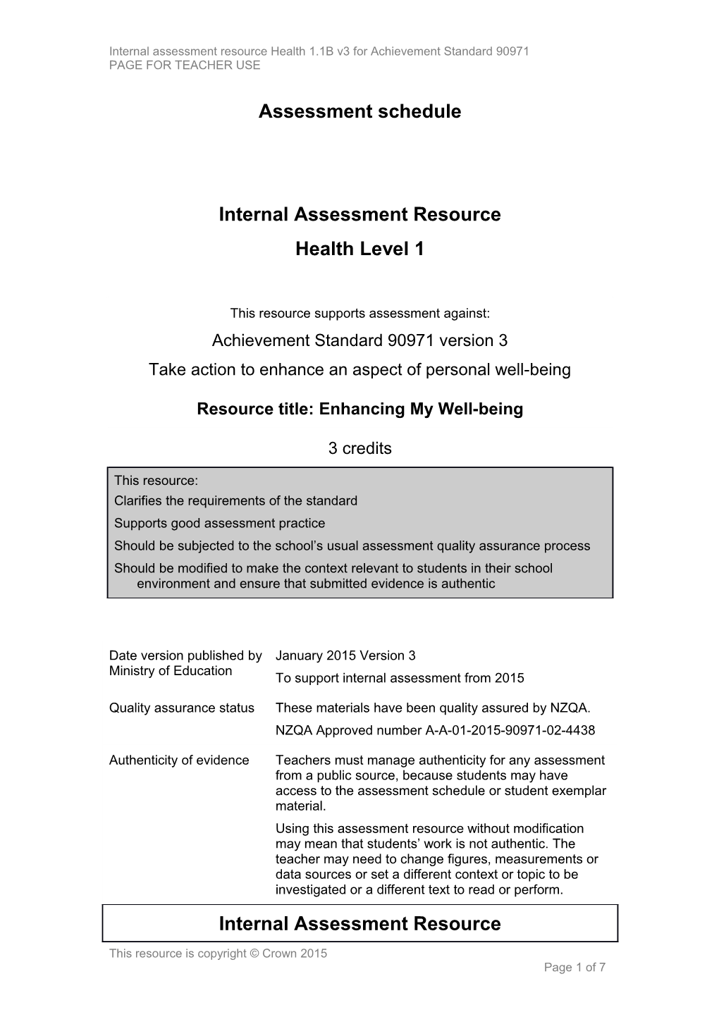 Level 1 Health Internal Assessment Resource