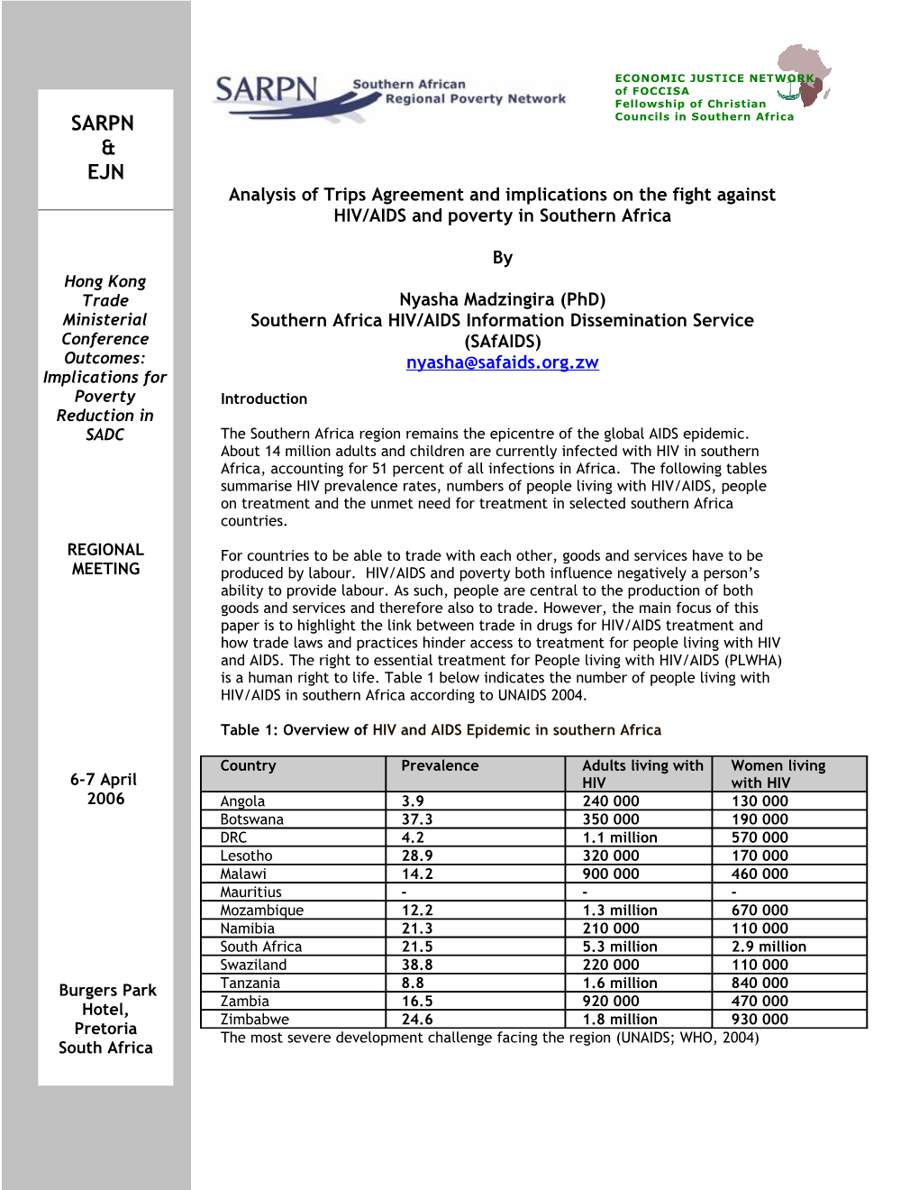 SARPN Seminar: Human Security, Poverty and Conflict in SADC