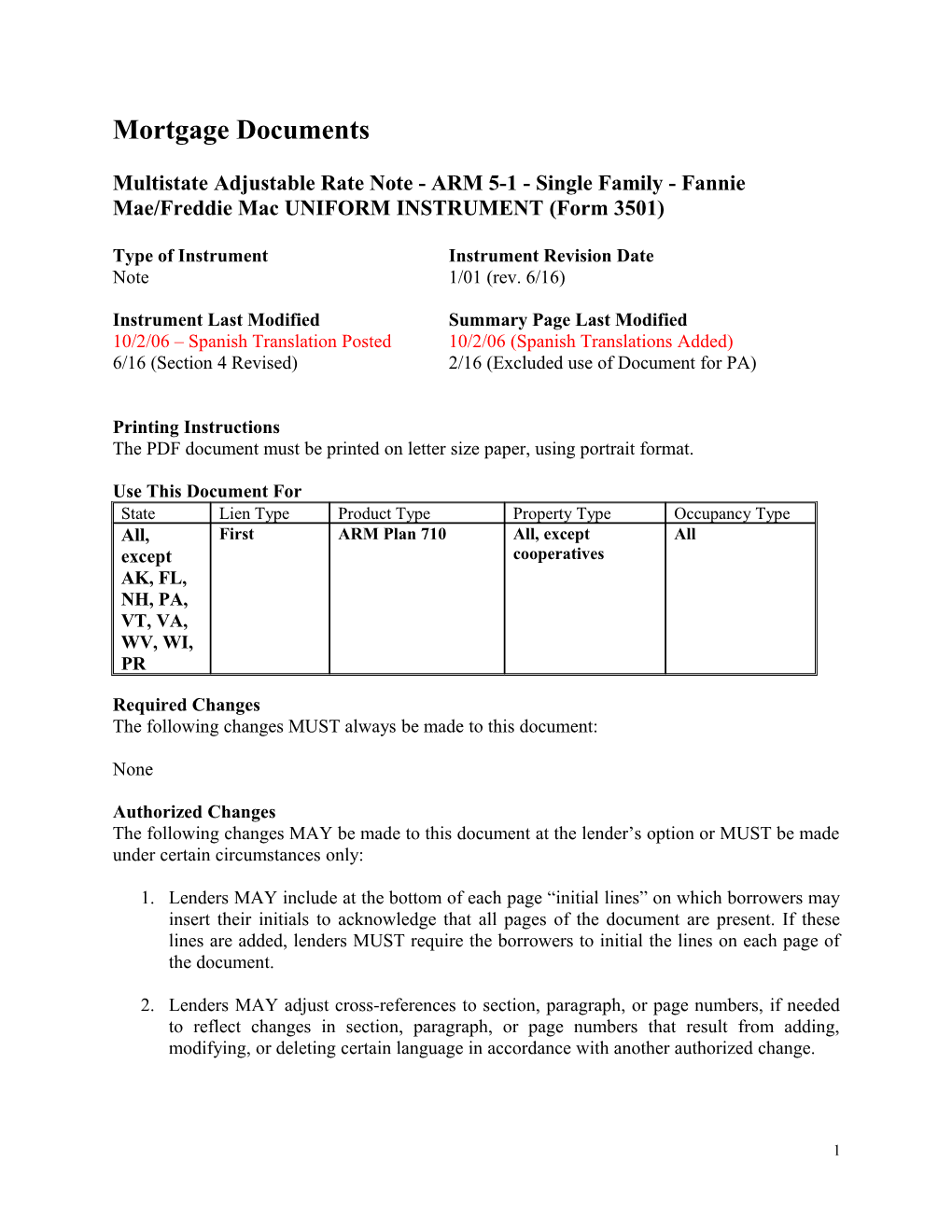 Summary: Multistate Adjustable Rate Note - ARM 5-1