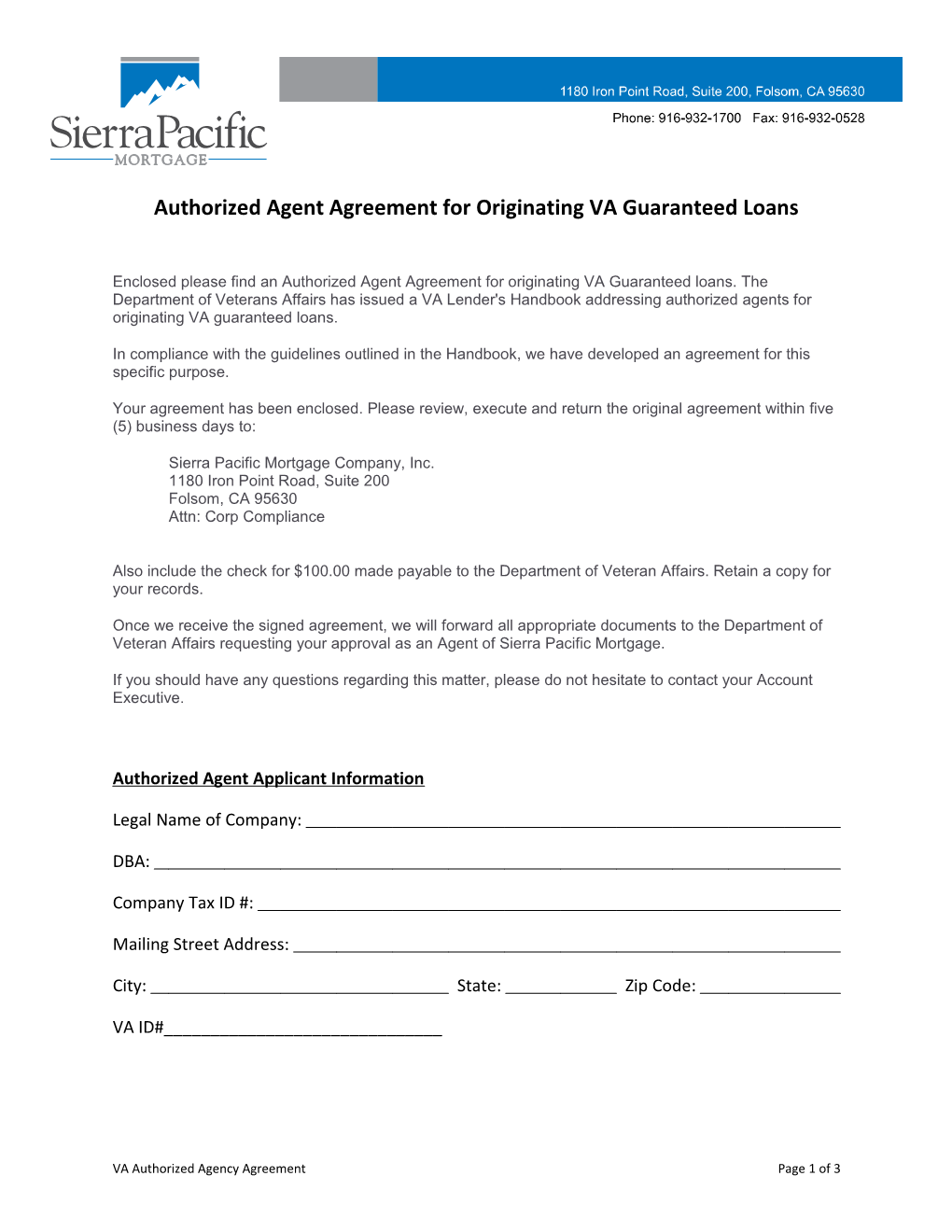 Authorized Agent Agreement for Originating VA Guaranteed Loans