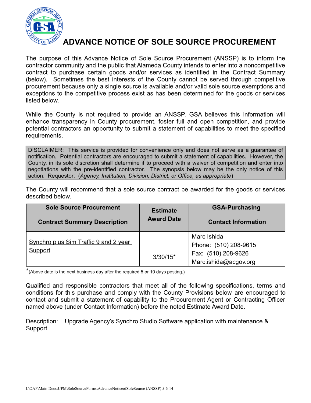 Advance Notice of Sole Source Procurement s2