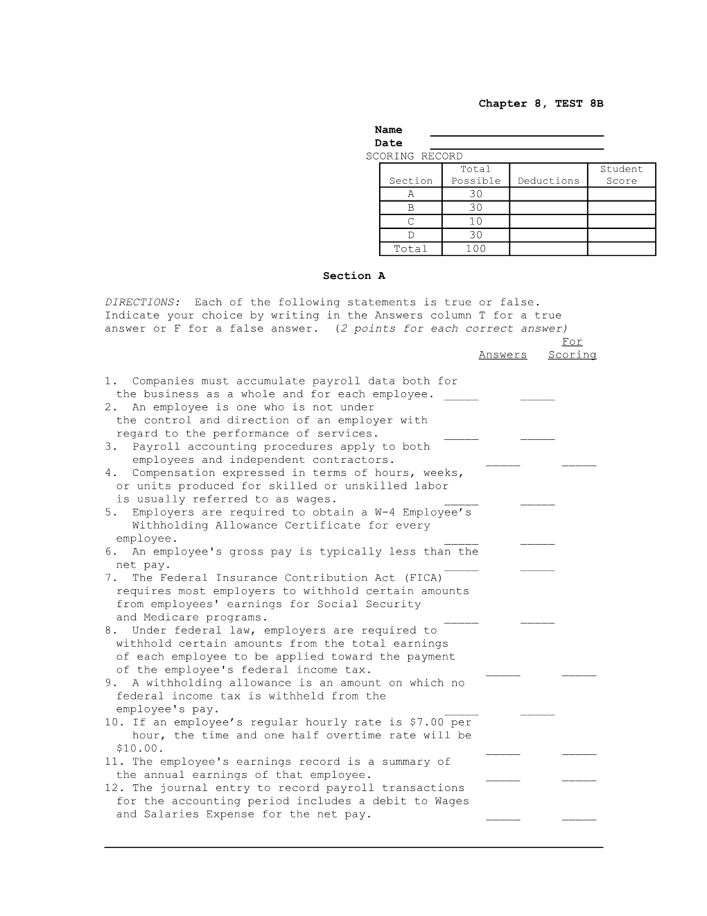 Chapter 8, TEST 8B