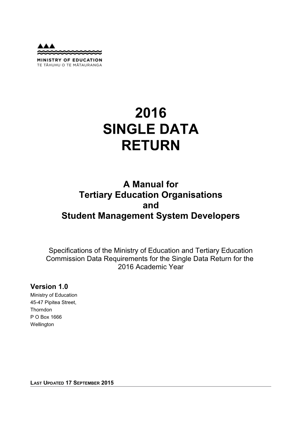 Ministry of Education - Single Data Return Manual 2016