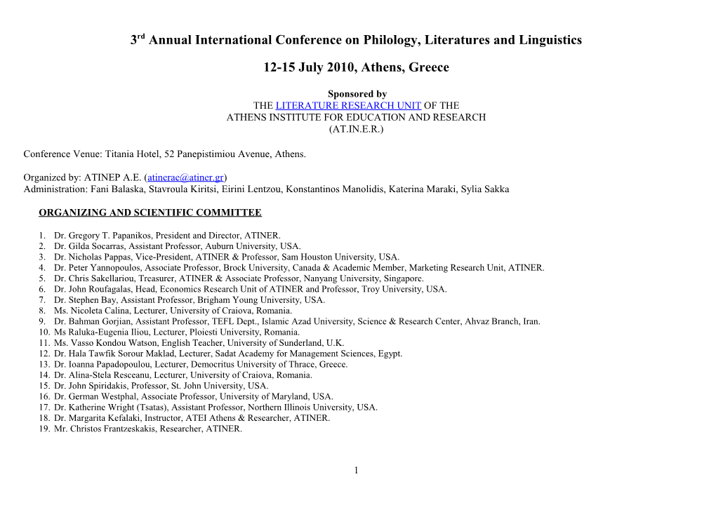 3Rd Annual International Conference Onphilology, Literatures and Linguistics