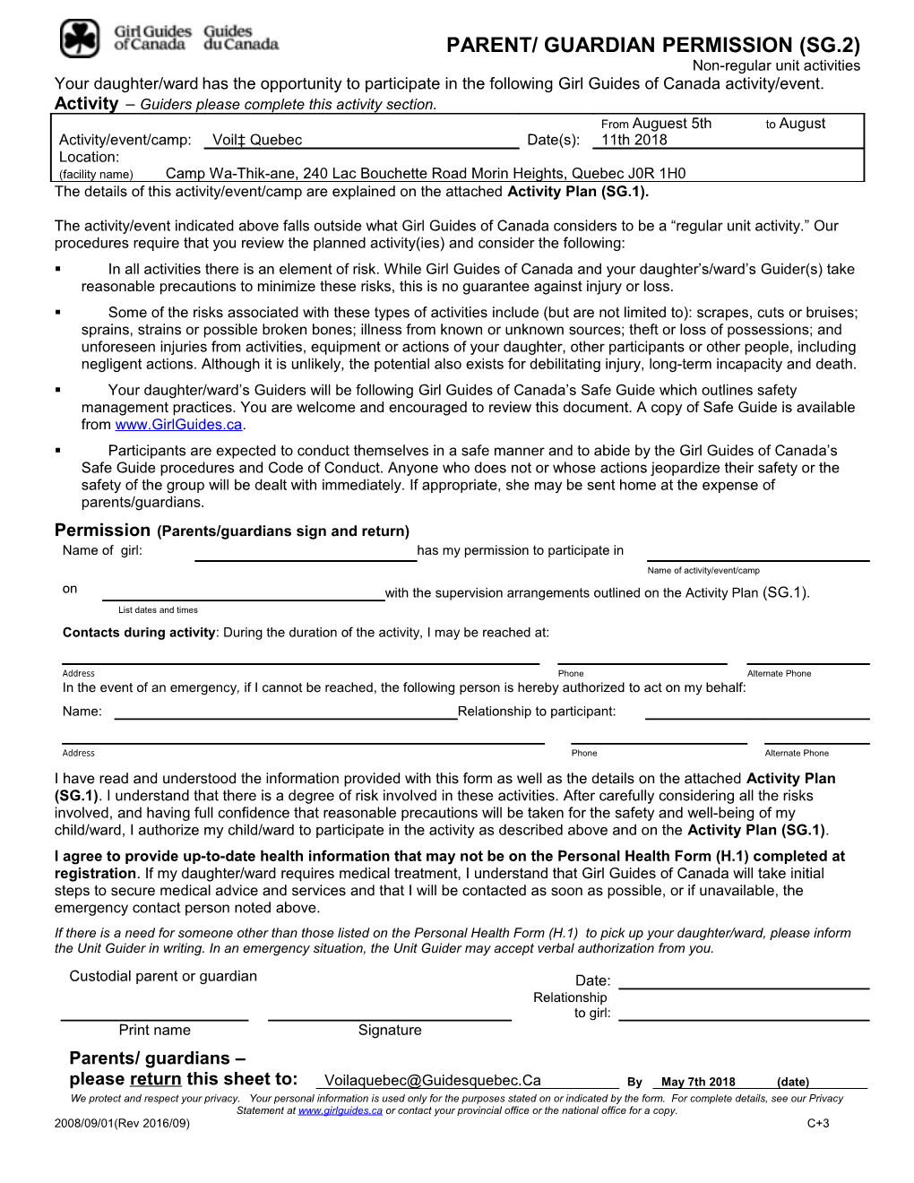 Parental Consent Activity Letter