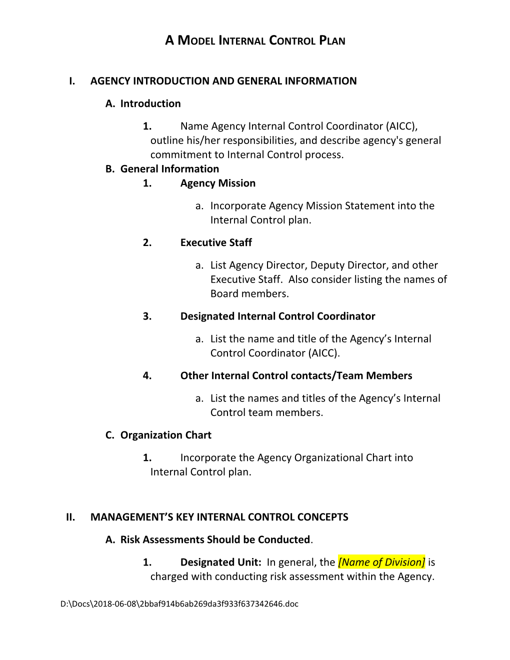 A Model Internal Control Plan