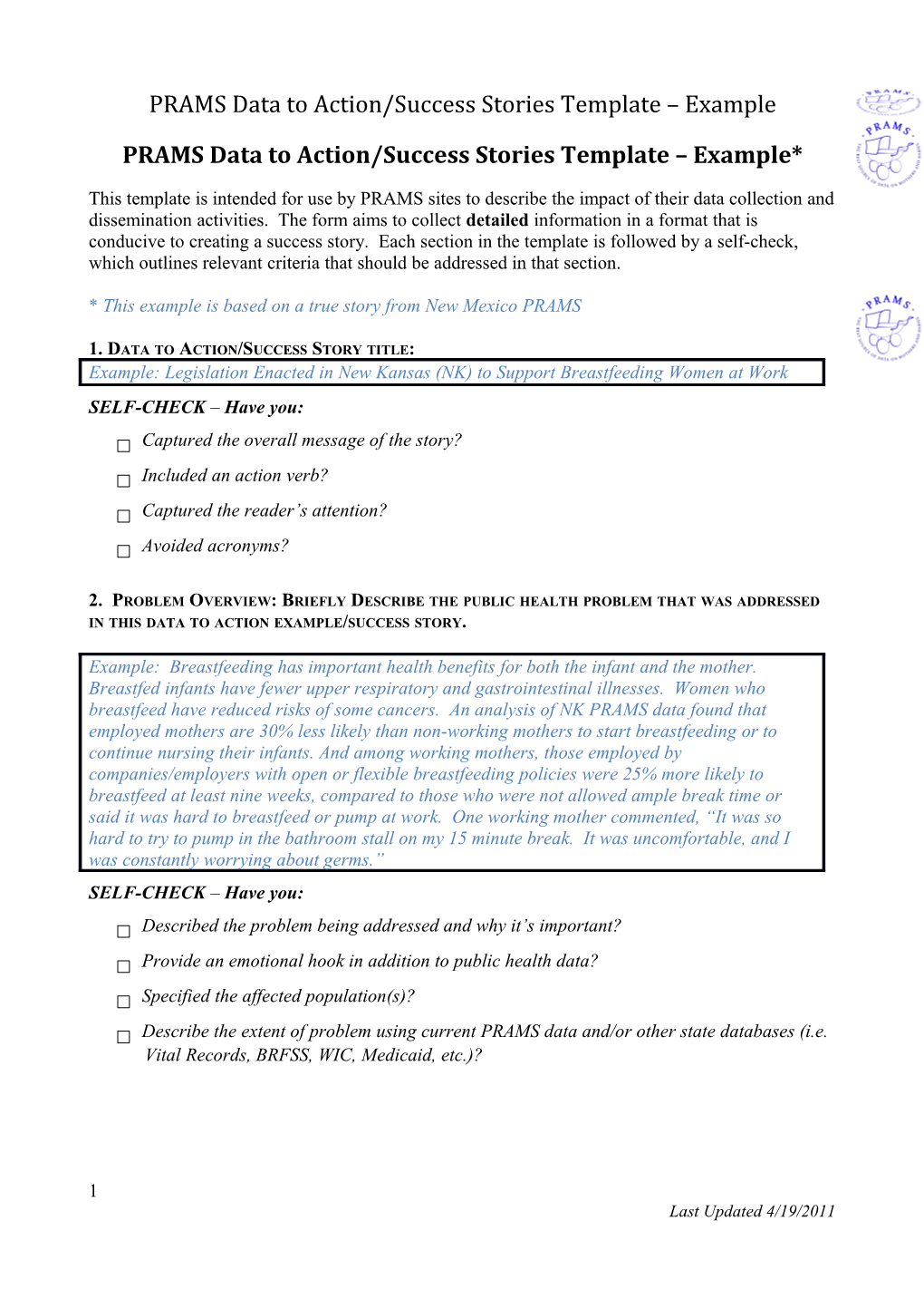 PRAMS Data to Action/Success Stories Template - Example