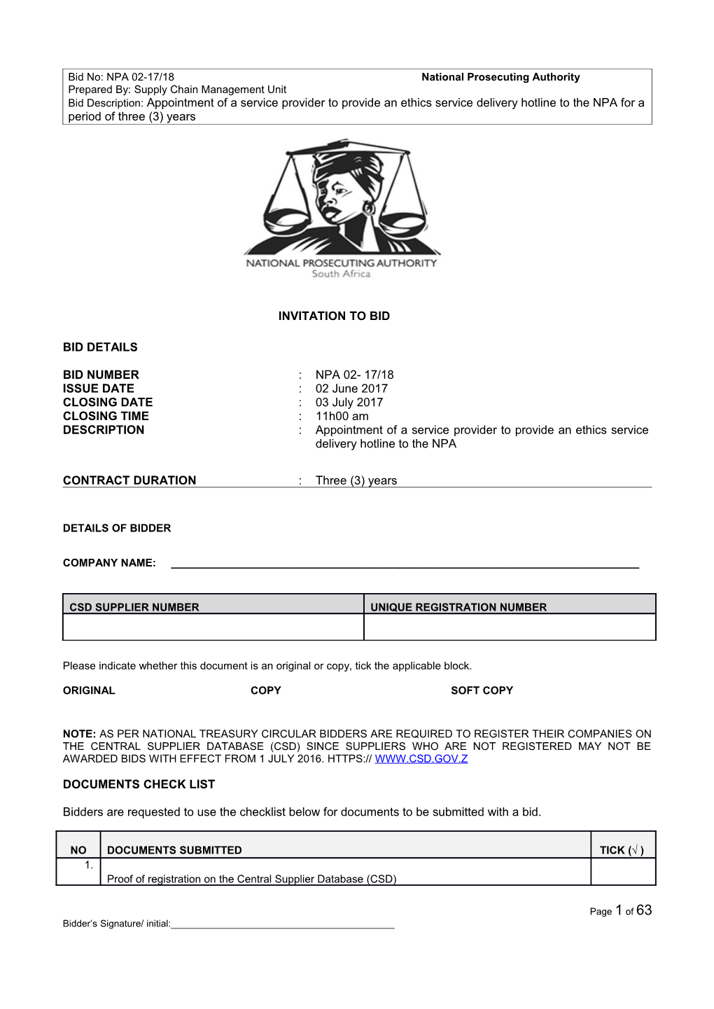 Bid No: NPA 02-17/18 National Prosecuting Authority