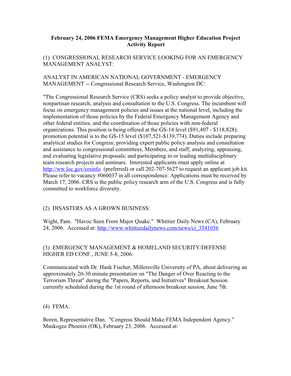 February 24, 2006 FEMA Emergency Management Higher Education Project Activity Report