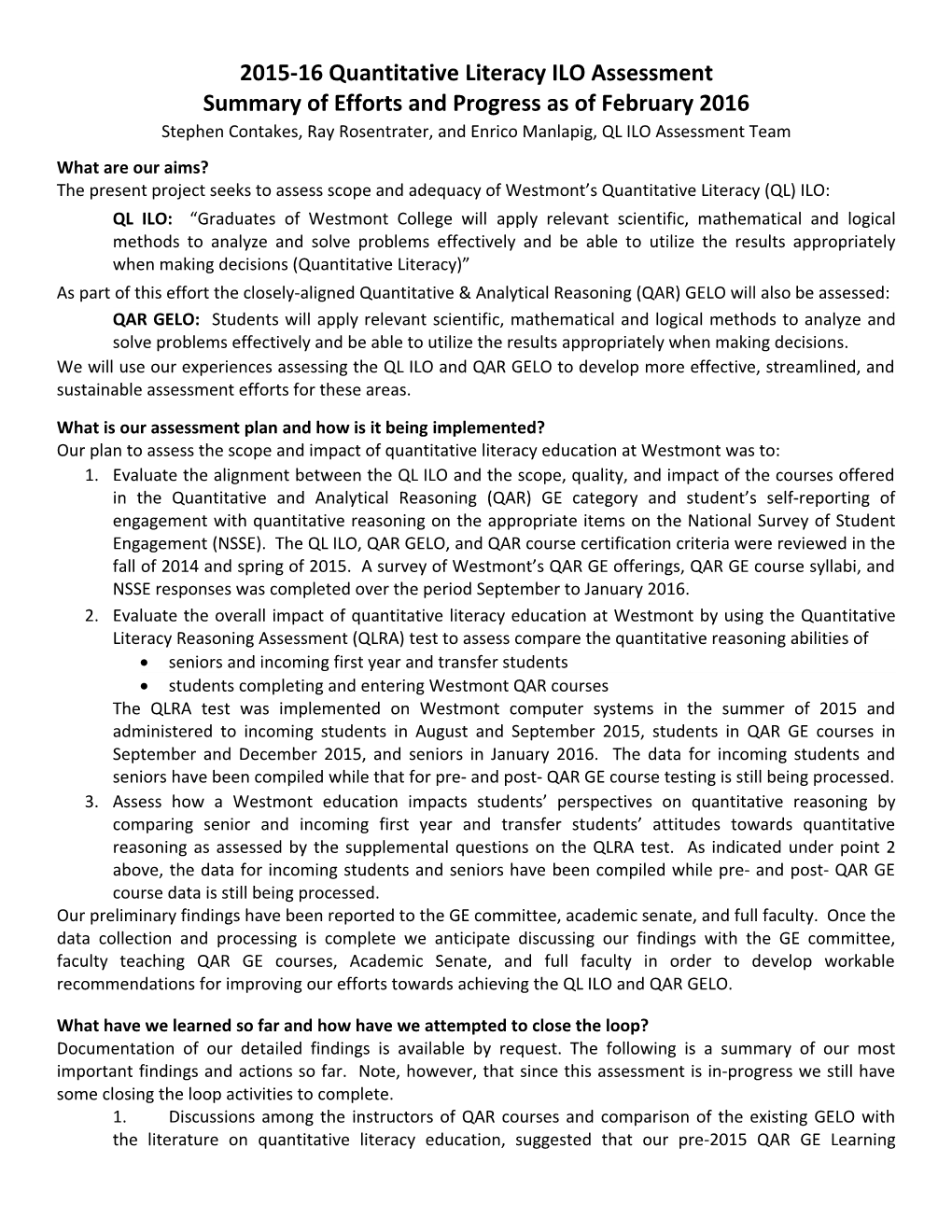 2015-16 Quantitative Literacy ILO Assessment